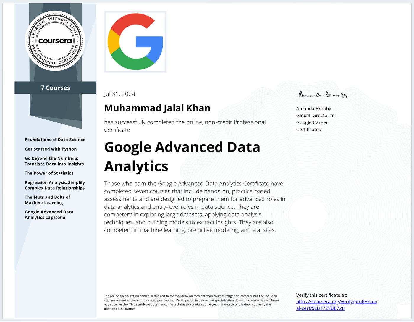 Google Advanced Data Analytics certificate