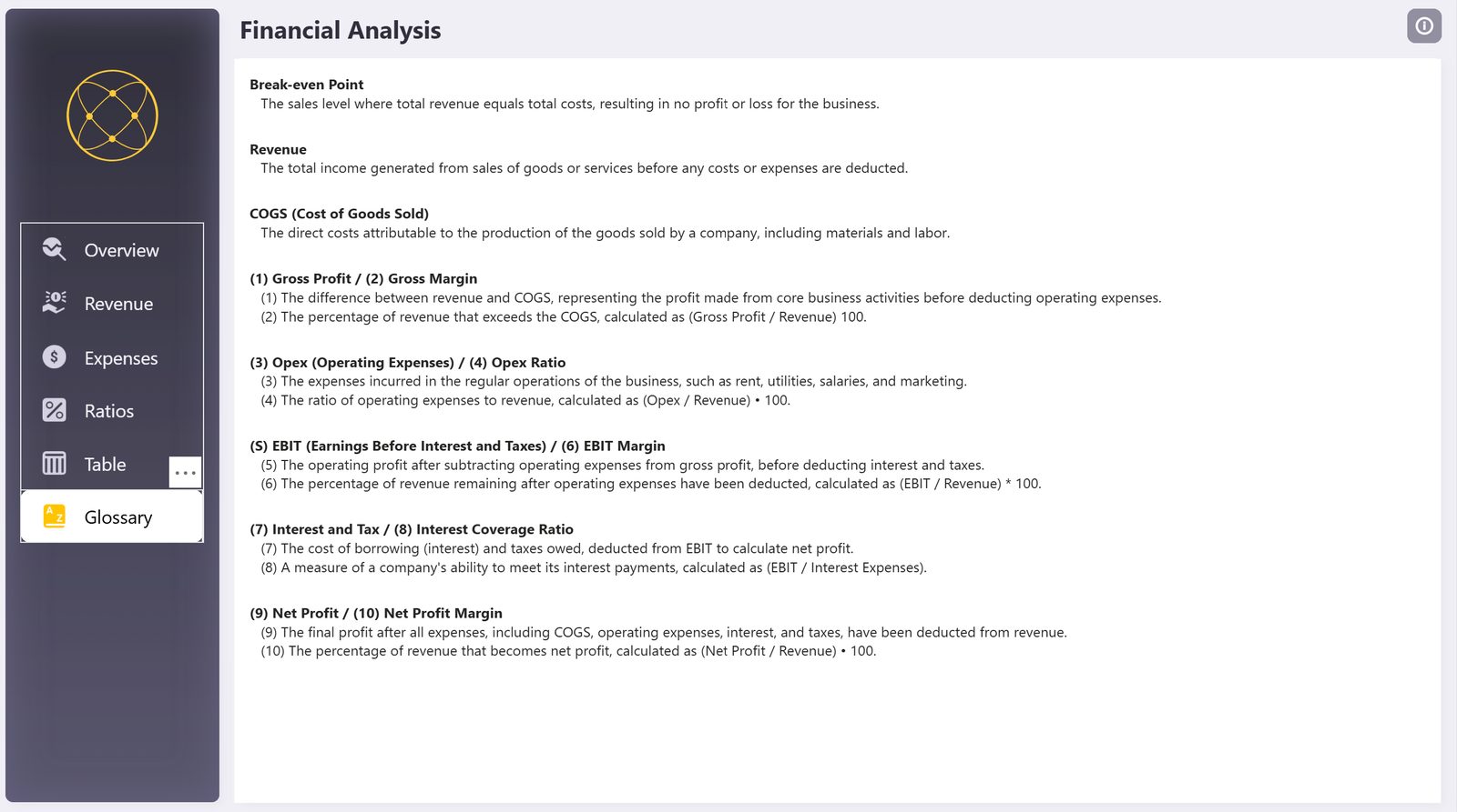 Financial Analysis Dashboard — Glossary — how each metric is calculated